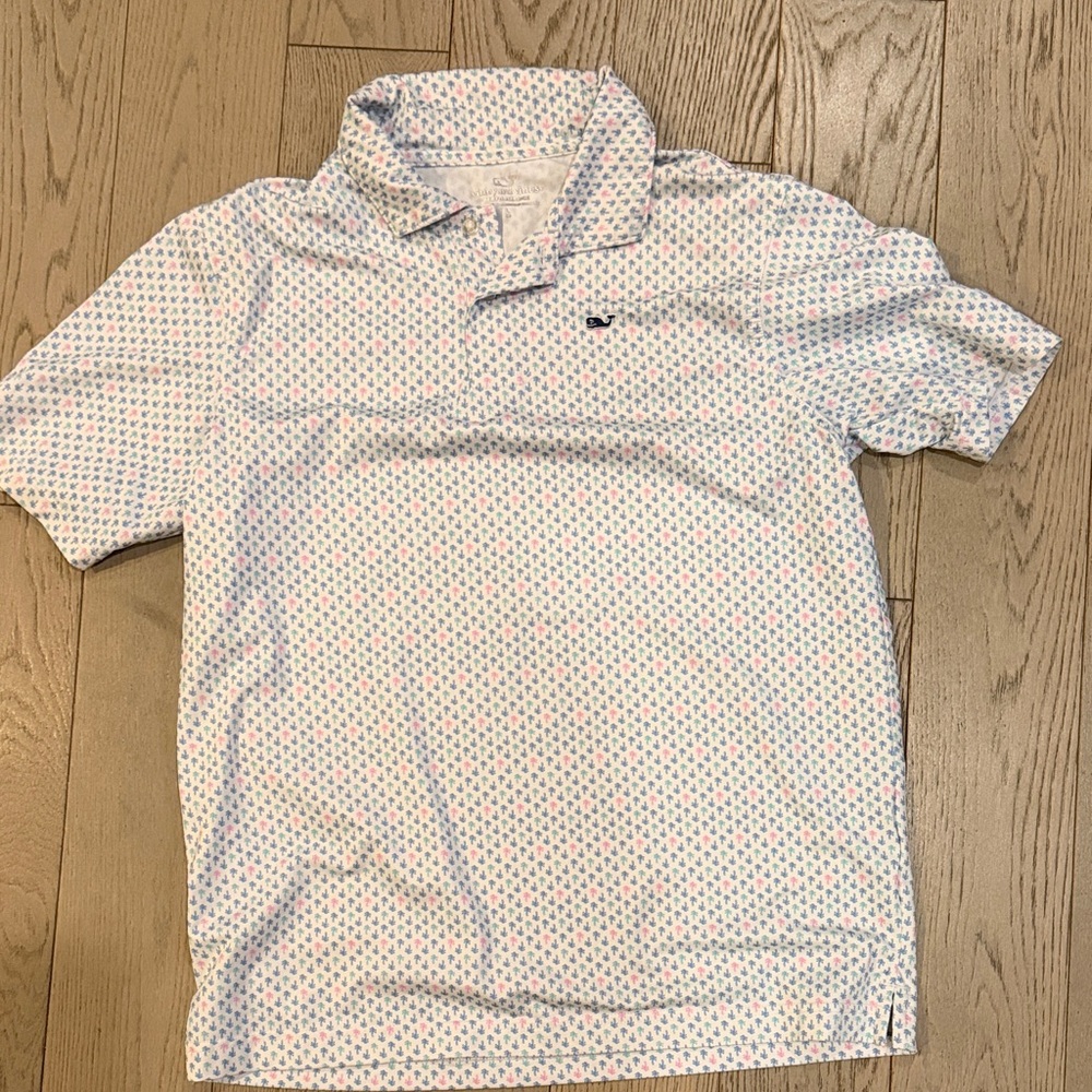 Vineyard Vines White Polo with Blue, Aqua and Pink Palm Tree print